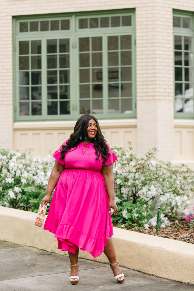 Musings of a Curvy Lady, Lane Bryant, National Dress Day, Hot Pink Dress, Plus Size Maxi Dress, Plus Size Spring Dresses, Spring Fashion Ideas, Spring Dress, Plus Size, Ruffle Dress, Cult Gaia, Turquoise and Pink Outfit