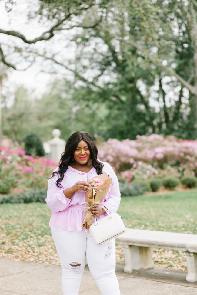 Musings of a Curvy Lady, Gibson International Women's Day Collection, International Women's Day, #BalaneForBetter, Nordstrom, Seattle, Washington State, Jacksonville, Florida, Florida Blogger, First Day of Spring, Spring Fashion, Plus Size Fashion, Women's Fashion, Spring Outfit Ideas for Women, White Jeans, The Roselyn Ruffle Details Smock Waist Blouse