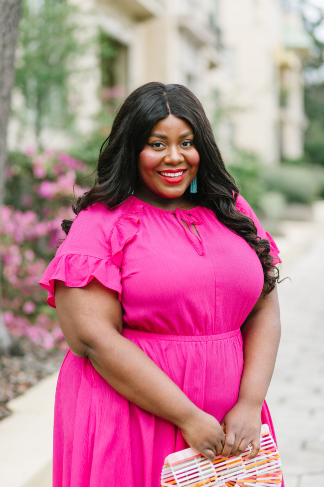 Musings of a Curvy Lady, Lane Bryant, National Dress Day, Hot Pink Dress, Plus Size Maxi Dress, Plus Size Spring Dresses, Spring Fashion Ideas, Spring Dress, Plus Size, Ruffle Dress, Cult Gaia, Turquoise and Pink Outfit