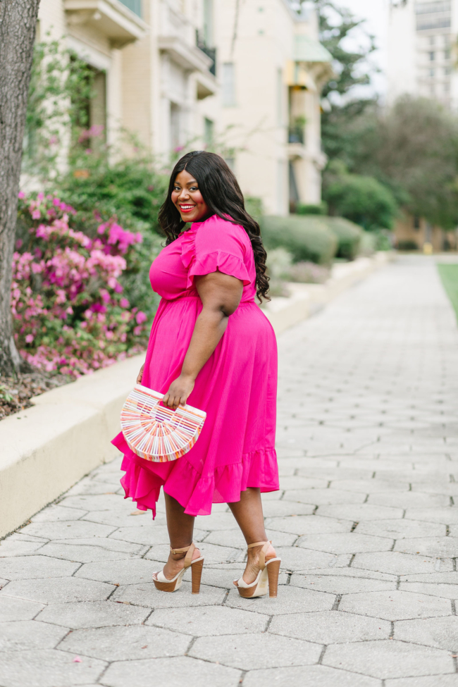 Musings of a Curvy Lady, Lane Bryant, National Dress Day, Hot Pink Dress, Plus Size Maxi Dress, Plus Size Spring Dresses, Spring Fashion Ideas, Spring Dress, Plus Size, Ruffle Dress, Cult Gaia, Turquoise and Pink Outfit