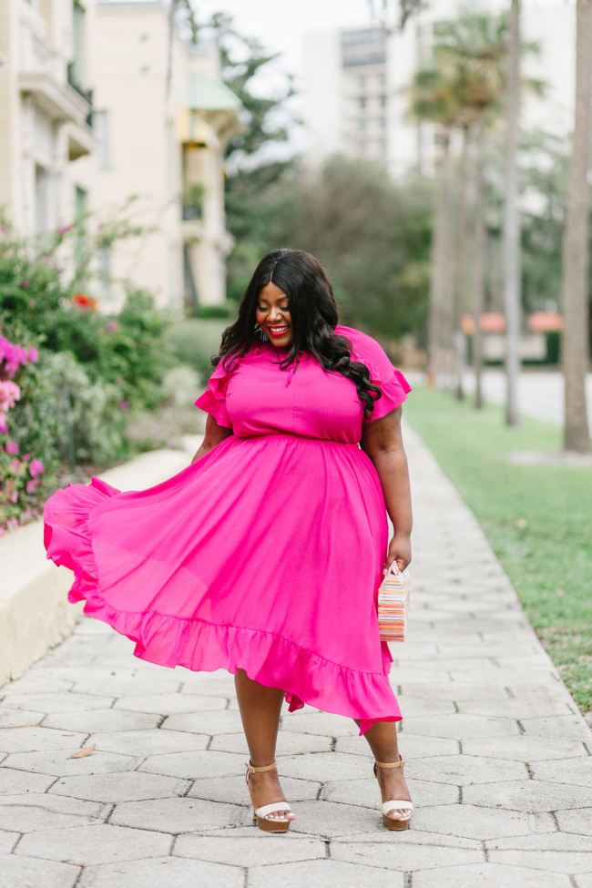 Musings of a Curvy Lady, Lane Bryant, National Dress Day, Hot Pink Dress, Plus Size Maxi Dress, Plus Size Spring Dresses, Spring Fashion Ideas, Spring Dress, Plus Size, Ruffle Dress, Cult Gaia, Turquoise and Pink Outfit