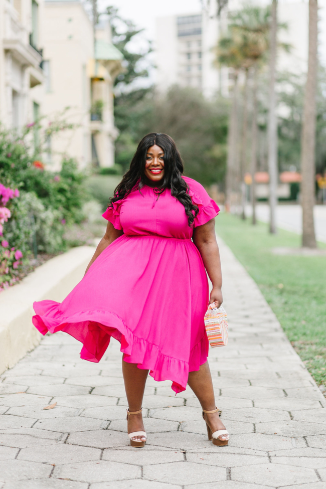 Musings of a Curvy Lady, Lane Bryant, National Dress Day, Hot Pink Dress, Plus Size Maxi Dress, Plus Size Spring Dresses, Spring Fashion Ideas, Spring Dress, Plus Size, Ruffle Dress, Cult Gaia, Turquoise and Pink Outfit