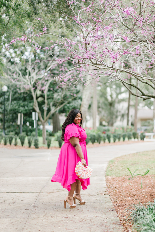 Musings of a Curvy Lady, Lane Bryant, National Dress Day, Hot Pink Dress, Plus Size Maxi Dress, Plus Size Spring Dresses, Spring Fashion Ideas, Spring Dress, Plus Size, Ruffle Dress, Cult Gaia, Turquoise and Pink Outfit