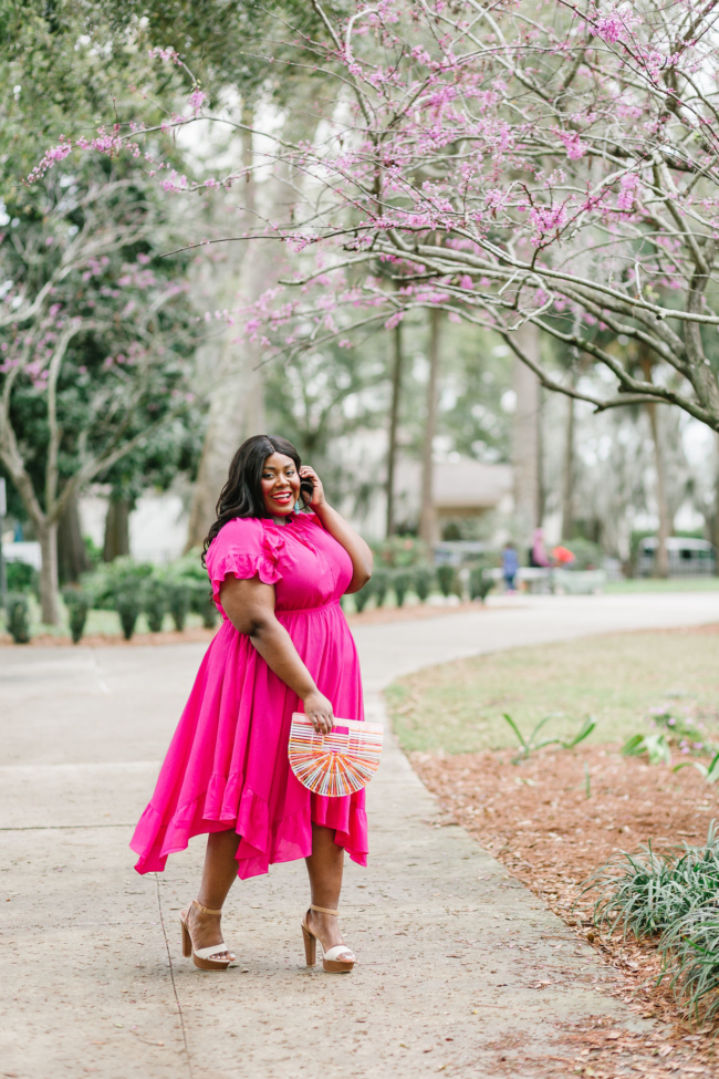 Musings of a Curvy Lady, Lane Bryant, National Dress Day, Hot Pink Dress, Plus Size Maxi Dress, Plus Size Spring Dresses, Spring Fashion Ideas, Spring Dress, Plus Size, Ruffle Dress, Cult Gaia, Turquoise and Pink Outfit