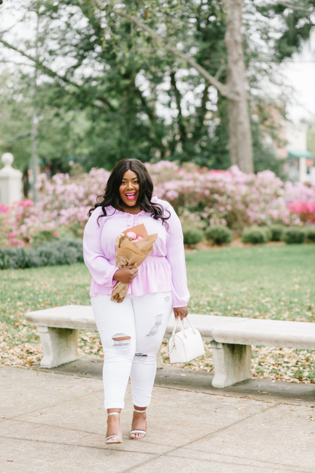 Musings of a Curvy Lady, Gibson International Women's Day Collection, International Women's Day, #BalaneForBetter, Nordstrom, Seattle, Washington State, Jacksonville, Florida, Florida Blogger, First Day of Spring, Spring Fashion, Plus Size Fashion, Women's Fashion, Spring Outfit Ideas for Women, White Jeans, The Roselyn Ruffle Details Smock Waist Blouse