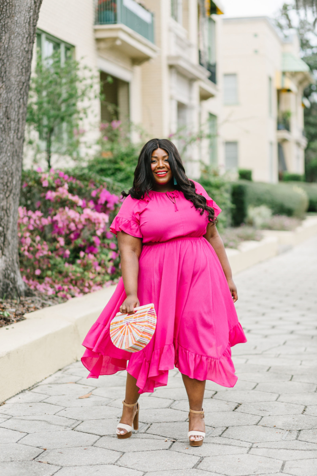 Musings of a Curvy Lady, Lane Bryant, National Dress Day, Hot Pink Dress, Plus Size Maxi Dress, Plus Size Spring Dresses, Spring Fashion Ideas, Spring Dress, Plus Size, Ruffle Dress, Cult Gaia, Turquoise and Pink Outfit