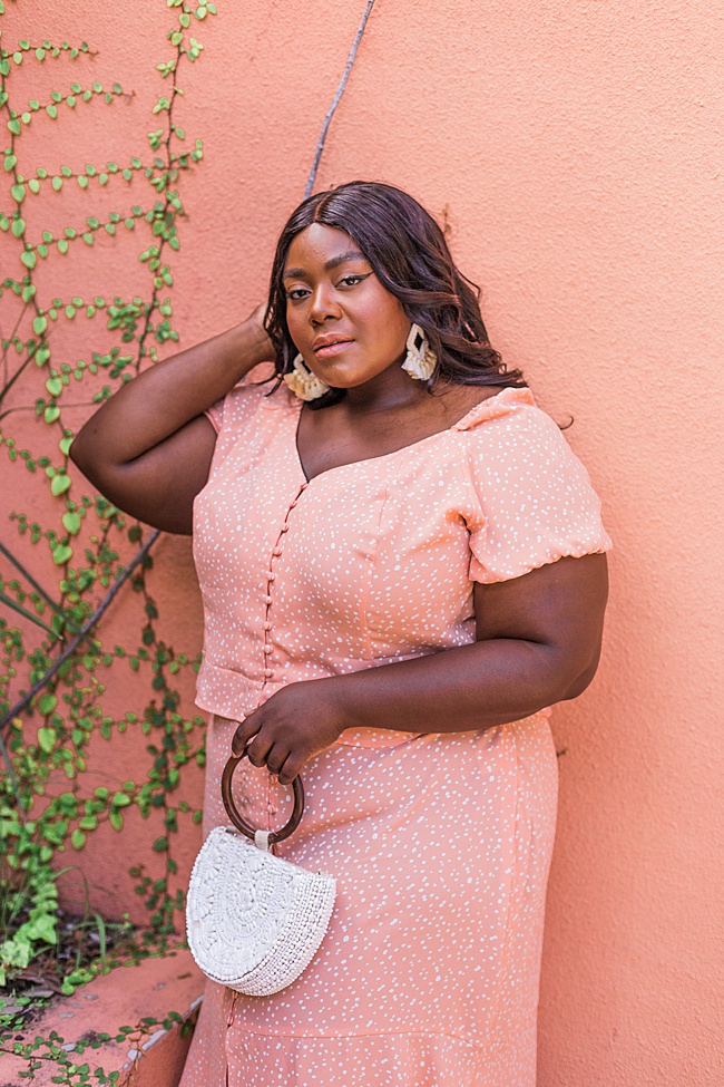 Musings of a Curvy Lady, Plus Size Fashion, Two Piece Set, Summer Fashion, Polka Dot Top, Polka Dot Skirt, Plus Size Summer Fashion, Zara, Lieth, Nordstrom, Tory Burch Tatiana Slides, Baublebar Laniyah Earrings