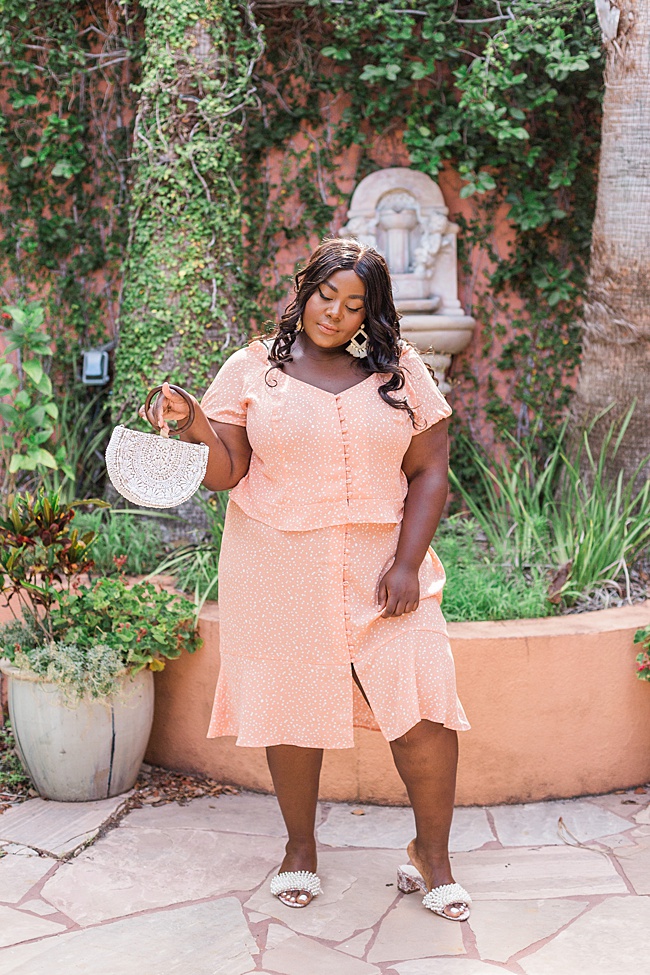 Musings of a Curvy Lady, Plus Size Fashion, Two Piece Set, Summer Fashion, Polka Dot Top, Polka Dot Skirt, Plus Size Summer Fashion, Zara, Lieth, Nordstrom, Tory Burch Tatiana Slides, Baublebar Laniyah Earrings