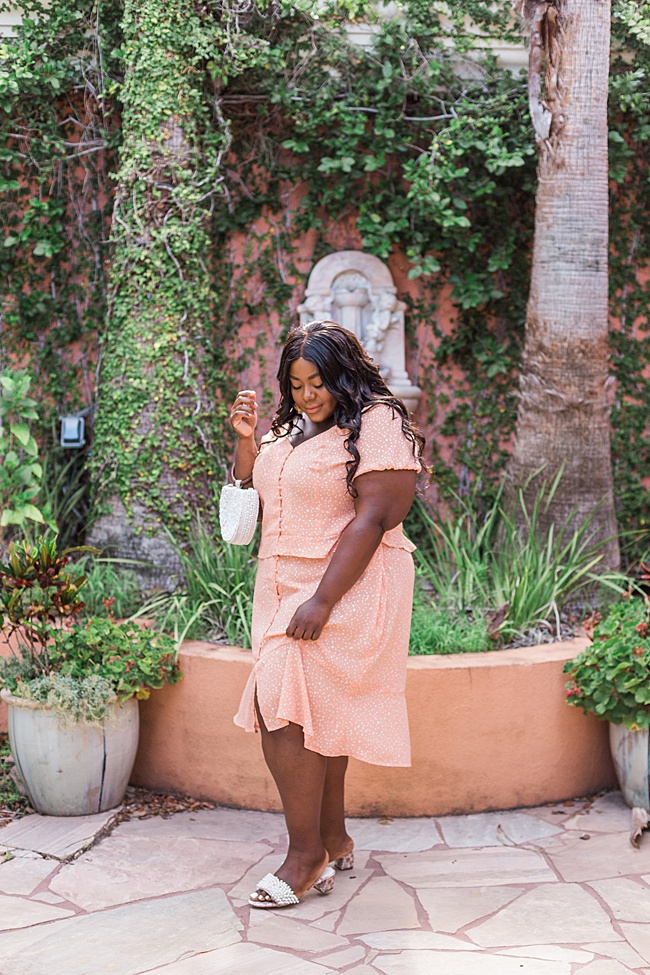 Musings of a Curvy Lady, Plus Size Fashion, Two Piece Set, Summer Fashion, Polka Dot Top, Polka Dot Skirt, Plus Size Summer Fashion, Zara, Lieth, Nordstrom, Tory Burch Tatiana Slides, Baublebar Laniyah Earrings