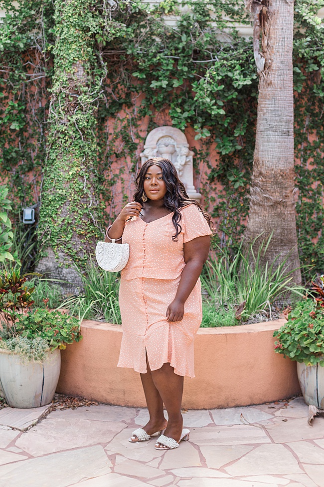 Musings of a Curvy Lady, Plus Size Fashion, Two Piece Set, Summer Fashion, Polka Dot Top, Polka Dot Skirt, Plus Size Summer Fashion, Zara, Lieth, Nordstrom, Tory Burch Tatiana Slides, Baublebar Laniyah Earrings