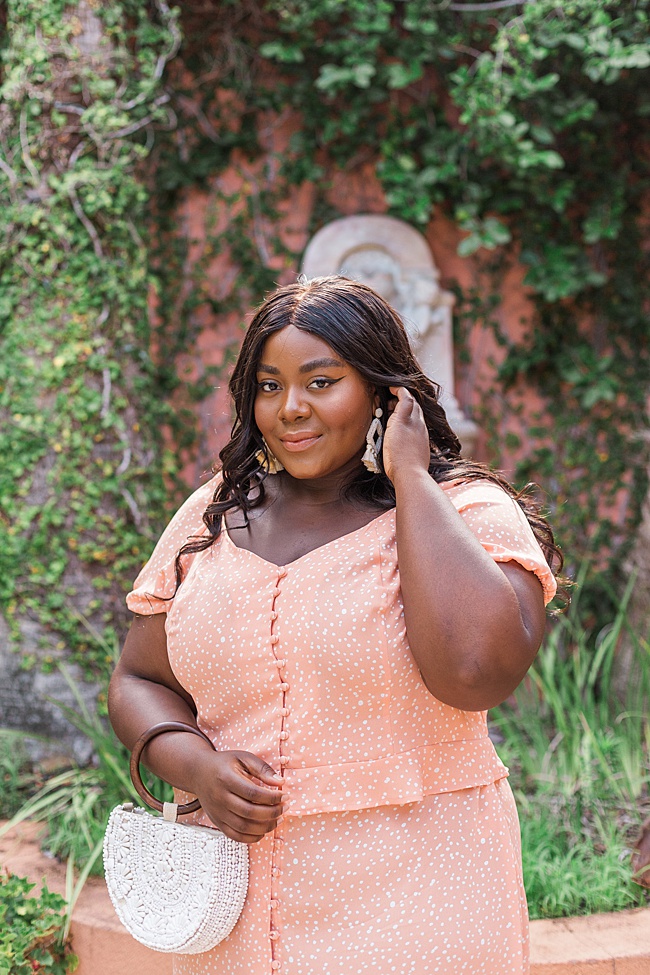 Musings of a Curvy Lady, Plus Size Fashion, Two Piece Set, Summer Fashion, Polka Dot Top, Polka Dot Skirt, Plus Size Summer Fashion, Zara, Lieth, Nordstrom, Tory Burch Tatiana Slides, Baublebar Laniyah Earrings