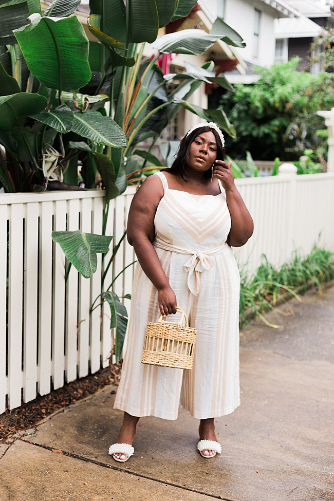 Musings of a Curvy Lady, A+ Anthropologie, Anthropologie, Plus Size Fashion, Fall Fashion for Women, Plus Size Fall Outfits, Plus Size Jumpsuit, Plus Size Boho, Plant Lady, Steve Madden, Wicker Handbag, Pearl Headband, Amazon Fashion, Tory Burch Tatiana Slides