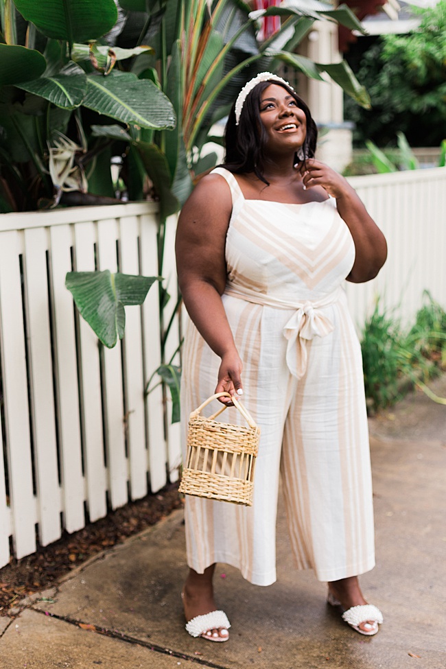 Musings of a Curvy Lady, A+ Anthropologie, Anthropologie, Plus Size Fashion, Fall Fashion for Women, Plus Size Fall Outfits, Plus Size Jumpsuit, Plus Size Boho, Plant Lady, Steve Madden, Wicker Handbag, Pearl Headband, Amazon Fashion, Tory Burch Tatiana Slides