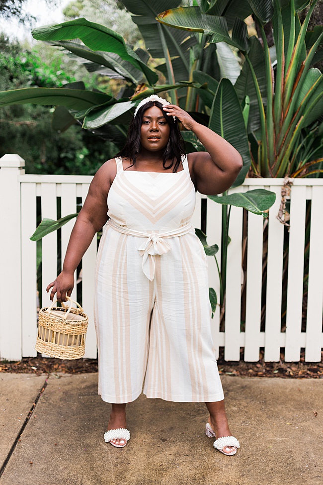 Musings of a Curvy Lady, A+ Anthropologie, Anthropologie, Plus Size Fashion, Fall Fashion for Women, Plus Size Fall Outfits, Plus Size Jumpsuit, Plus Size Boho, Plant Lady, Steve Madden, Wicker Handbag, Pearl Headband, Amazon Fashion, Tory Burch Tatiana Slides