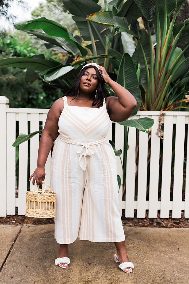 Musings of a Curvy Lady, A+ Anthropologie, Anthropologie, Plus Size Fashion, Fall Fashion for Women, Plus Size Fall Outfits, Plus Size Jumpsuit, Plus Size Boho, Plant Lady, Steve Madden, Wicker Handbag, Pearl Headband, Amazon Fashion, Tory Burch Tatiana Slides