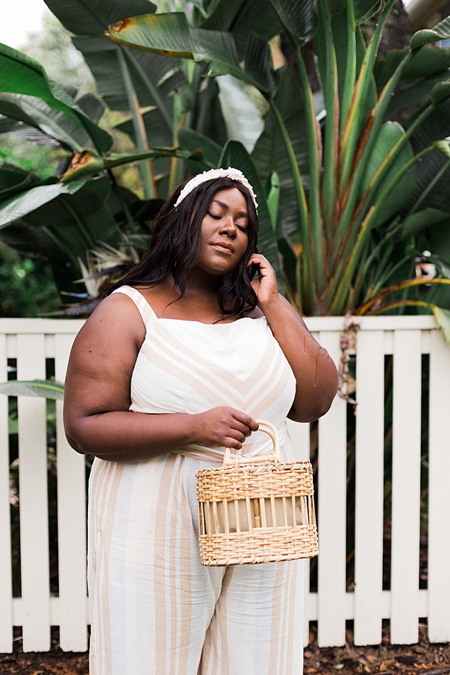 Musings of a Curvy Lady, A+ Anthropologie, Anthropologie, Plus Size Fashion, Fall Fashion for Women, Plus Size Fall Outfits, Plus Size Jumpsuit, Plus Size Boho, Plant Lady, Steve Madden, Wicker Handbag, Pearl Headband, Amazon Fashion, Tory Burch Tatiana Slides