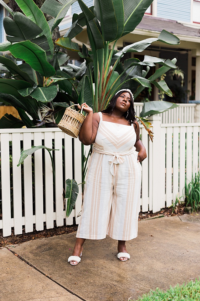 Musings of a Curvy Lady, A+ Anthropologie, Anthropologie, Plus Size Fashion, Fall Fashion for Women, Plus Size Fall Outfits, Plus Size Jumpsuit, Plus Size Boho, Plant Lady, Steve Madden, Wicker Handbag, Pearl Headband, Amazon Fashion, Tory Burch Tatiana Slides