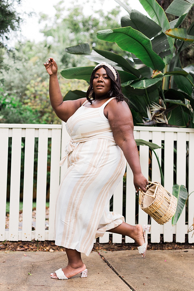 Musings of a Curvy Lady, A+ Anthropologie, Anthropologie, Plus Size Fashion, Fall Fashion for Women, Plus Size Fall Outfits, Plus Size Jumpsuit, Plus Size Boho, Plant Lady, Steve Madden, Wicker Handbag, Pearl Headband, Amazon Fashion, Tory Burch Tatiana Slides