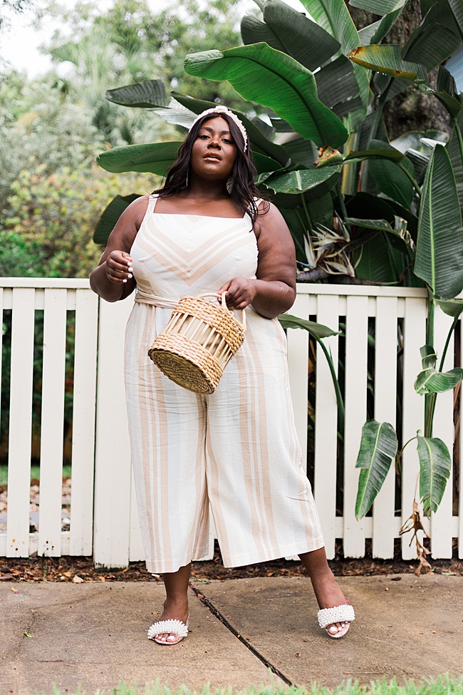 Musings of a Curvy Lady, A+ Anthropologie, Anthropologie, Plus Size Fashion, Fall Fashion for Women, Plus Size Fall Outfits, Plus Size Jumpsuit, Plus Size Boho, Plant Lady, Steve Madden, Wicker Handbag, Pearl Headband, Amazon Fashion, Tory Burch Tatiana Slides