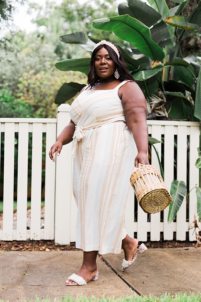 Musings of a Curvy Lady, A+ Anthropologie, Anthropologie, Plus Size Fashion, Fall Fashion for Women, Plus Size Fall Outfits, Plus Size Jumpsuit, Plus Size Boho, Plant Lady, Steve Madden, Wicker Handbag, Pearl Headband, Amazon Fashion, Tory Burch Tatiana Slides