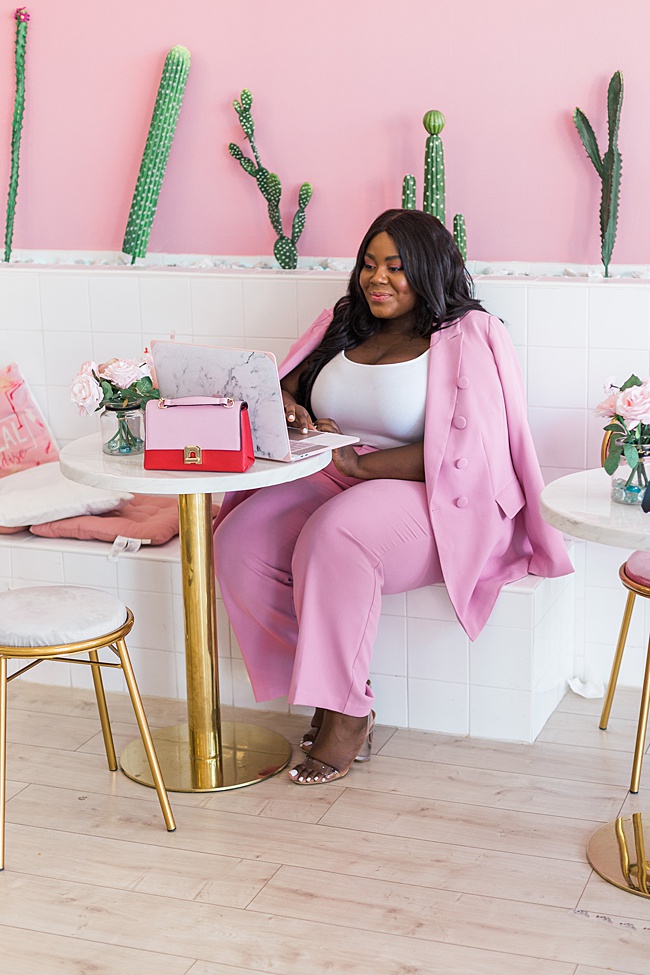 Pink Suit, Millennial Pink, Women's Pink Outfit, Eloquii, Plus Size Fashion, Fashion Blogger, Plus Size At Fashion Week, NYFW, Women's Fashion, Plus Size Outfit ideas, Steve Madden