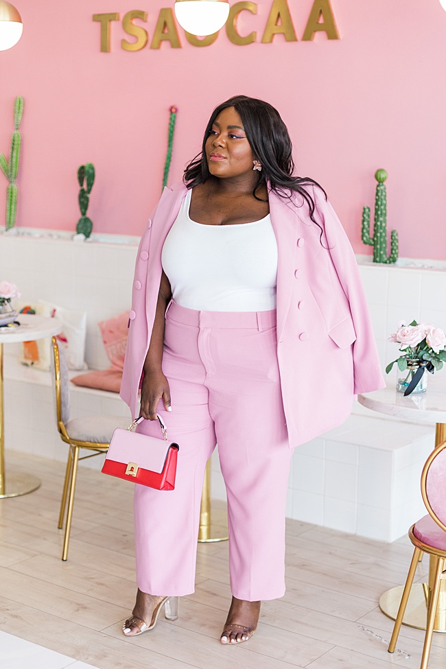 Pink Suit, Millennial Pink, Women's Pink Outfit, Eloquii, Plus Size Fashion, Fashion Blogger, Plus Size At Fashion Week, NYFW, Women's Fashion, Plus Size Outfit ideas, Steve Madden