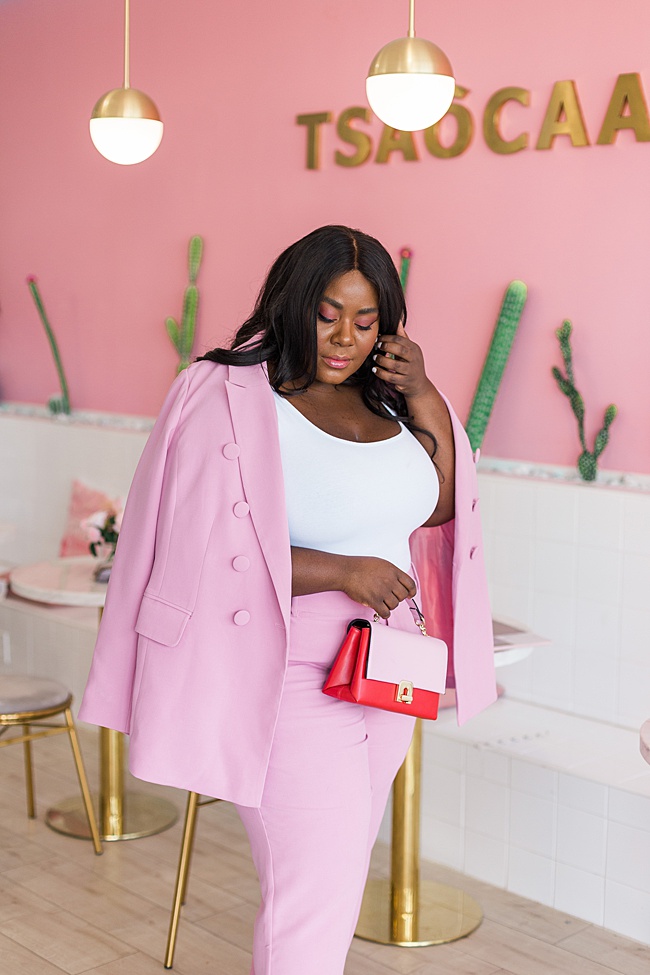 Pink Suit, Millennial Pink, Women's Pink Outfit, Eloquii, Plus Size Fashion, Fashion Blogger, Plus Size At Fashion Week, NYFW, Women's Fashion, Plus Size Outfit ideas, Steve Madden