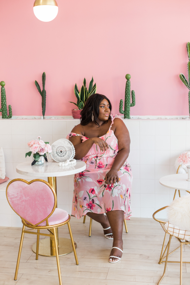 Musings of a Curvy Lady, Plus Size Fashion, Plus Size Summer Outfit, All Pink Outfit, Vacation Outfit Ideas, Pink Places, Steve Madden, Issy Sandals, Boba Tea, Jacksonville Florida, NYC Blogger, Leith Floral Chiffon Skirt, Leith Floral Chiffon Top