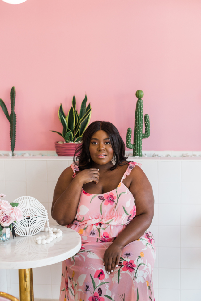 Musings of a Curvy Lady, Plus Size Fashion, Plus Size Summer Outfit, All Pink Outfit, Vacation Outfit Ideas, Pink Places, Steve Madden, Issy Sandals, Boba Tea, Jacksonville Florida, NYC Blogger, Leith Floral Chiffon Skirt, Leith Floral Chiffon Top