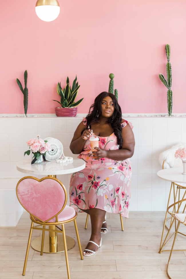 Musings of a Curvy Lady, Plus Size Fashion, Plus Size Summer Outfit, All Pink Outfit, Vacation Outfit Ideas, Pink Places, Steve Madden, Issy Sandals, Boba Tea, Jacksonville Florida, NYC Blogger, Leith Floral Chiffon Skirt, Leith Floral Chiffon Top