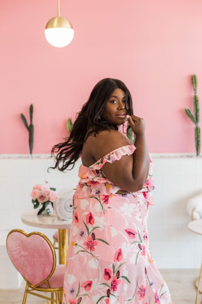 Musings of a Curvy Lady, Plus Size Fashion, Plus Size Summer Outfit, All Pink Outfit, Vacation Outfit Ideas, Pink Places, Steve Madden, Issy Sandals, Boba Tea, Jacksonville Florida, NYC Blogger, Leith Floral Chiffon Skirt, Leith Floral Chiffon Top