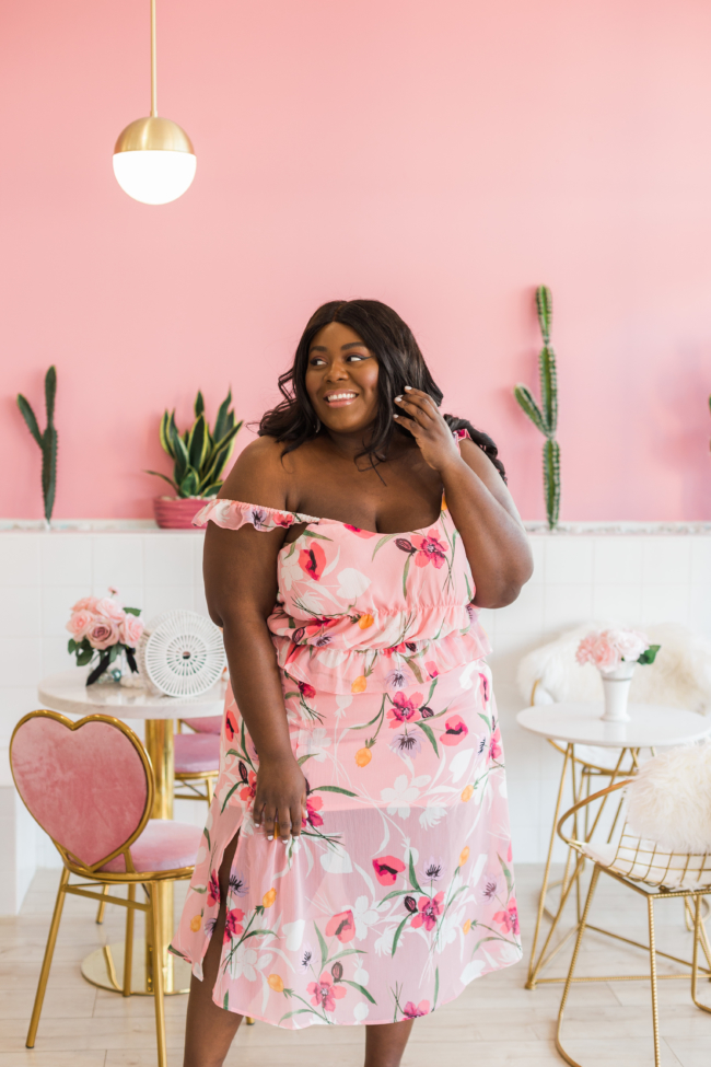 Musings of a Curvy Lady, Plus Size Fashion, Plus Size Summer Outfit, All Pink Outfit, Vacation Outfit Ideas, Pink Places, Steve Madden, Issy Sandals, Boba Tea, Jacksonville Florida, NYC Blogger, Leith Floral Chiffon Skirt, Leith Floral Chiffon Top