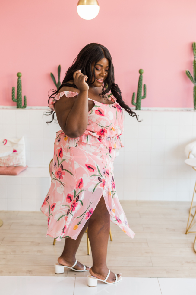 Musings of a Curvy Lady, Plus Size Fashion, Plus Size Summer Outfit, All Pink Outfit, Vacation Outfit Ideas, Pink Places, Steve Madden, Issy Sandals, Boba Tea, Jacksonville Florida, NYC Blogger, Leith Floral Chiffon Skirt, Leith Floral Chiffon Top