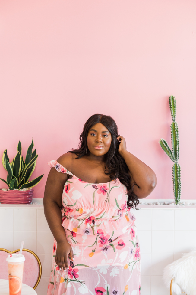 Musings of a Curvy Lady, Plus Size Fashion, Plus Size Summer Outfit, All Pink Outfit, Vacation Outfit Ideas, Pink Places, Steve Madden, Issy Sandals, Boba Tea, Jacksonville Florida, NYC Blogger, Leith Floral Chiffon Skirt, Leith Floral Chiffon Top