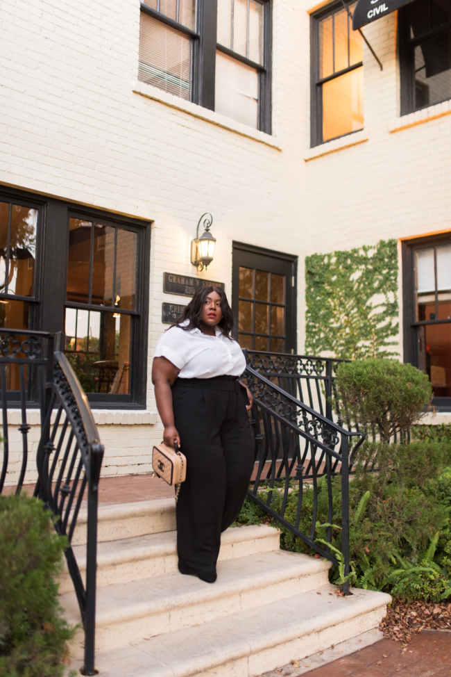 Musings of a Curvy Lady, Eloquii, Walmart, Chanel Vanity Case, Black and White Outfit, Plus Size Work Wear, Plus Size Office Attire 