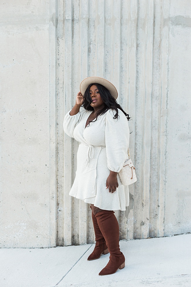 Anthropologie, A+ Anthropologie, Plus Size Fashion, Diana Mini Wrap Dress, Gigi Pip, Over the Knee Boots, Wide Calf Boots