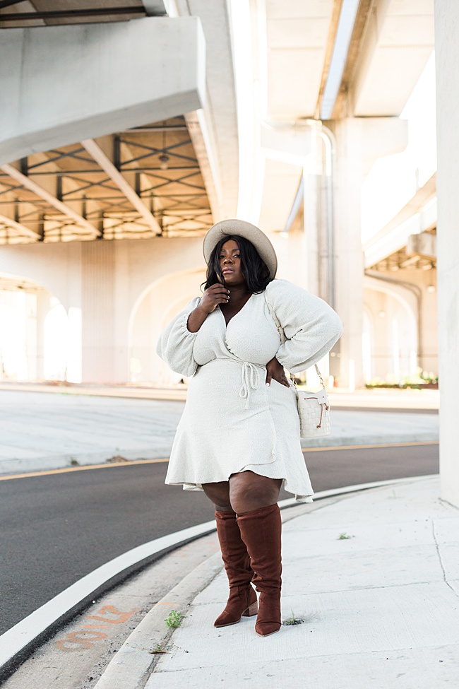 Anthropologie, A+ Anthropologie, Plus Size Fashion, Diana Mini Wrap Dress, Gigi Pip, Over the Knee Boots, Wide Calf Boots