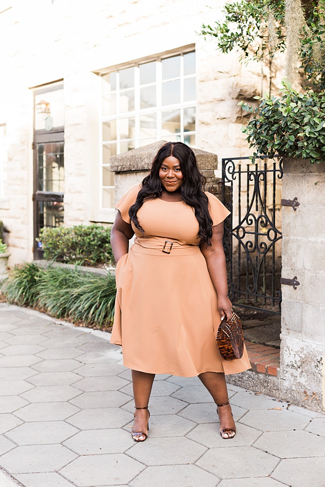 Women's Fashion, Musings of a Curvy Lady, Lane Bryant, Lena Dress Tortoise Belt, Lena Dress, Spring Dress, Tortoise Accessories, Plus Size Blogger, Spring 2020, Neutrals for Spring