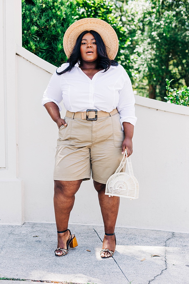 Lane Bryant, Safari Style, White Button Down Shirt, Bermuda Shorts, Lack of Color Palma Wide Brim Hat, Woven Belt, Plus Size Fashion, Summer Style, Women's Fashion