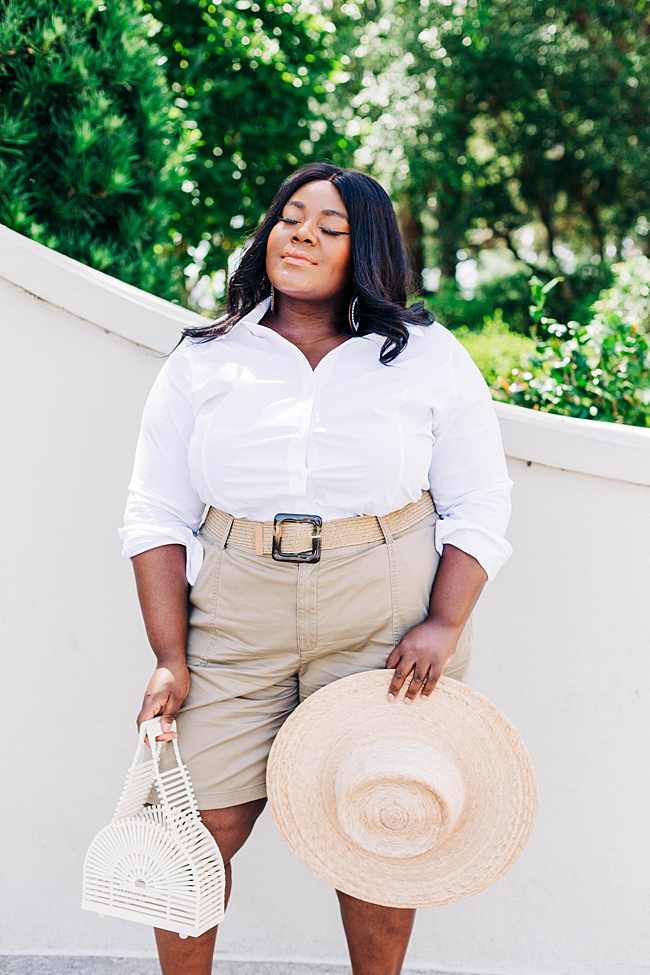 Lane Bryant, Safari Style, White Button Down Shirt, Bermuda Shorts, Lack of Color Palma Wide Brim Hat, Woven Belt, Plus Size Fashion, Summer Style, Women's Fashion