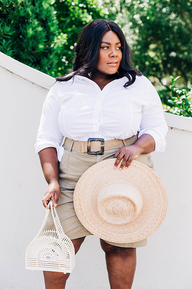 Lane Bryant, Safari Style, White Button Down Shirt, Bermuda Shorts, Lack of Color Palma Wide Brim Hat, Woven Belt, Plus Size Fashion, Summer Style, Women's Fashion