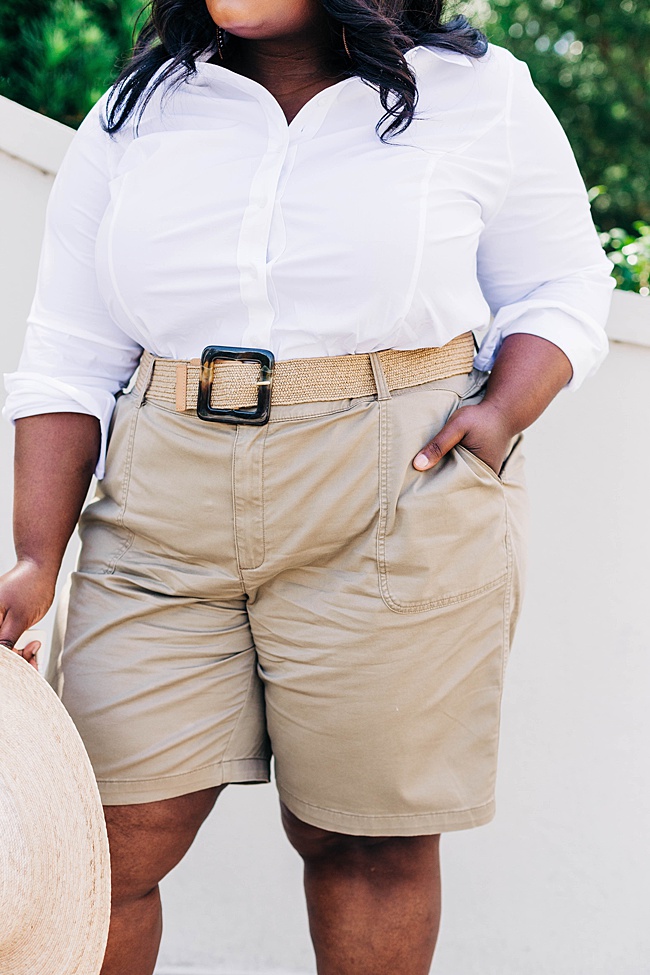 Lane Bryant, Safari Style, White Button Down Shirt, Bermuda Shorts, Lack of Color Palma Wide Brim Hat, Woven Belt, Plus Size Fashion, Summer Style, Women's Fashion