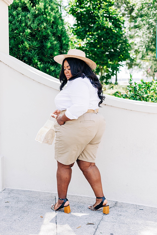 Lane Bryant, Safari Style, White Button Down Shirt, Bermuda Shorts, Lack of Color Palma Wide Brim Hat, Woven Belt, Plus Size Fashion, Summer Style, Women's Fashion