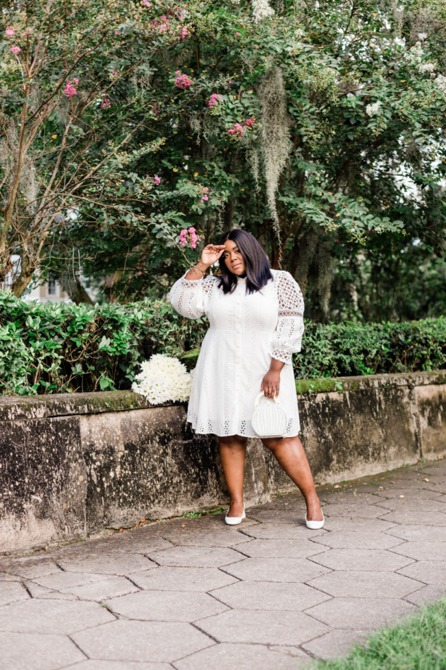 Plus White Borderie Lace Mini Shirt Dress, River Island, Plus Size Fashion, Little White Dress, Lace Dress, ASOS Slingback block heel, Musings of a Curvy Lady, Plus Size Fashion, Thamarr, Plus Size Model, Summer Fashion, Women's Fashion