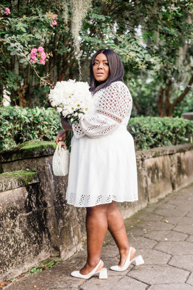 Plus White Borderie Lace Mini Shirt Dress, River Island, Plus Size Fashion, Little White Dress, Lace Dress, ASOS Slingback block heel, Musings of a Curvy Lady, Plus Size Fashion, Thamarr, Plus Size Model, Summer Fashion, Women's Fashion