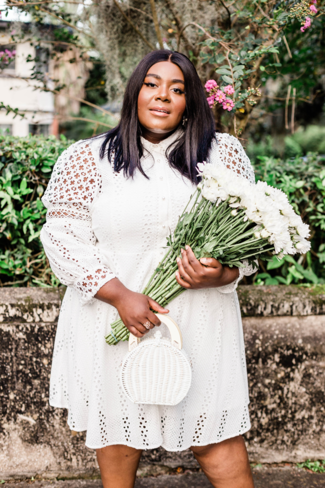 Plus White Borderie Lace Mini Shirt Dress, River Island, Plus Size Fashion, Little White Dress, Lace Dress, ASOS Slingback block heel, Musings of a Curvy Lady, Plus Size Fashion, Thamarr, Plus Size Model, Summer Fashion, Women's Fashion