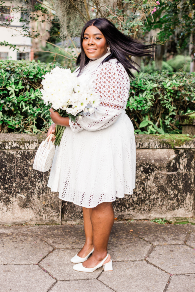 Plus White Borderie Lace Mini Shirt Dress, River Island, Plus Size Fashion, Little White Dress, Lace Dress, ASOS Slingback block heel, Musings of a Curvy Lady, Plus Size Fashion, Thamarr, Plus Size Model, Summer Fashion, Women's Fashion