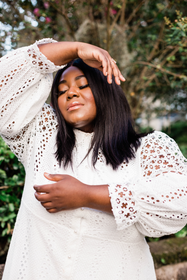 Plus White Borderie Lace Mini Shirt Dress, River Island, Plus Size Fashion, Little White Dress, Lace Dress, ASOS Slingback block heel, Musings of a Curvy Lady, Plus Size Fashion, Thamarr, Plus Size Model, Summer Fashion, Women's Fashion