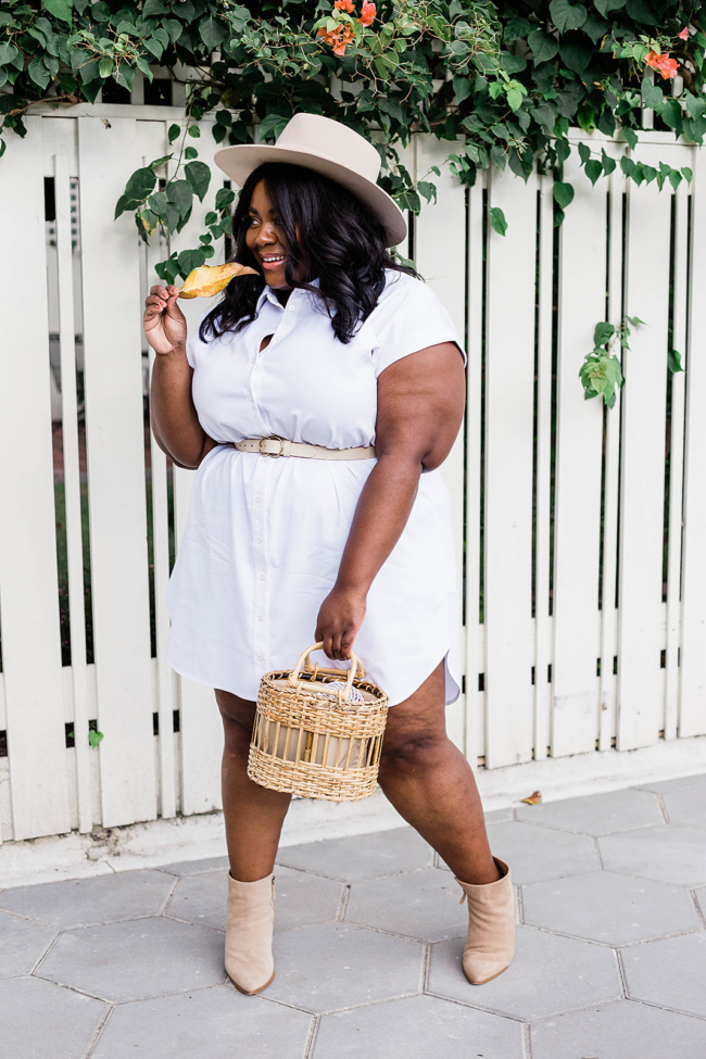 Black Plus Size Model Walking, Black Model Posing, White Shirt Dress Model, Black Model wearing Lack of Color Hat, Anthropologie Belt