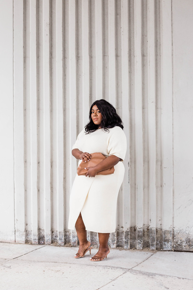 Anthropologie, Plus Size Fashion, All White Outfit, Musings of a Curvy Lady, Saturday/Sunday, Cozy Dress, Cozy Sweater Set, Dumpling Bag, Amazon Fashion, Steve Madden Loft Heels